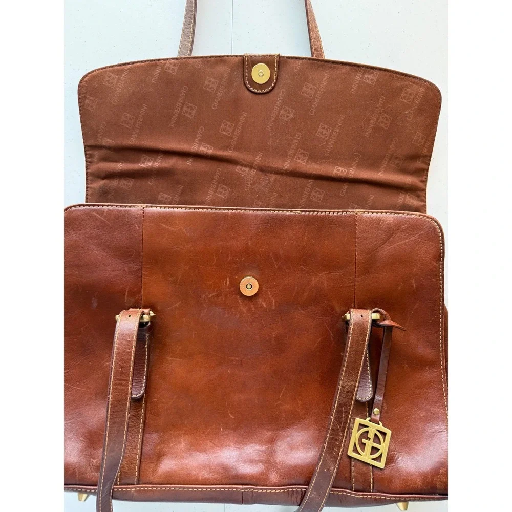 Gianni Bernini Brown Leather Multi-Compartment Shoulder Handbag Business Work